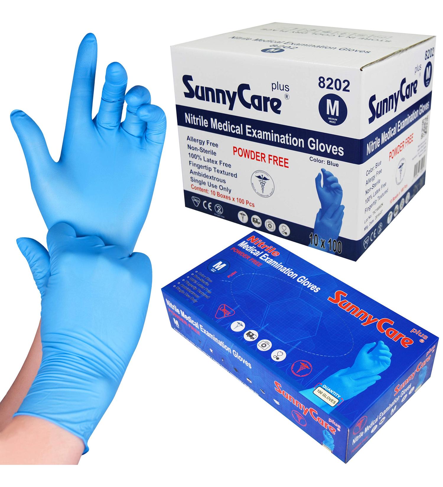 SunnyCare 1000 8202 Blue Nitrile Medical Exam Gloves Powder Free Chemo-Rated | Medium Size | 100/Box, 10Boxes/Case - Buy Online on GoSupps.com