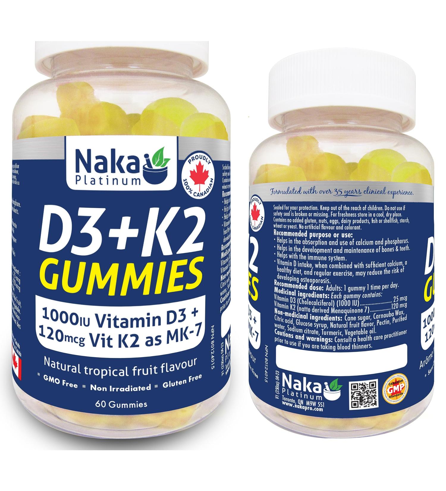 Naka Platinum D3+K2 Vitamin Gummy 1000IU Vitamin D3 + 120mcg Vit K2 as MK-7 Natural tropical fruit flavour Made in Canada (60 gummies) - Buy Online on GoSupps.com