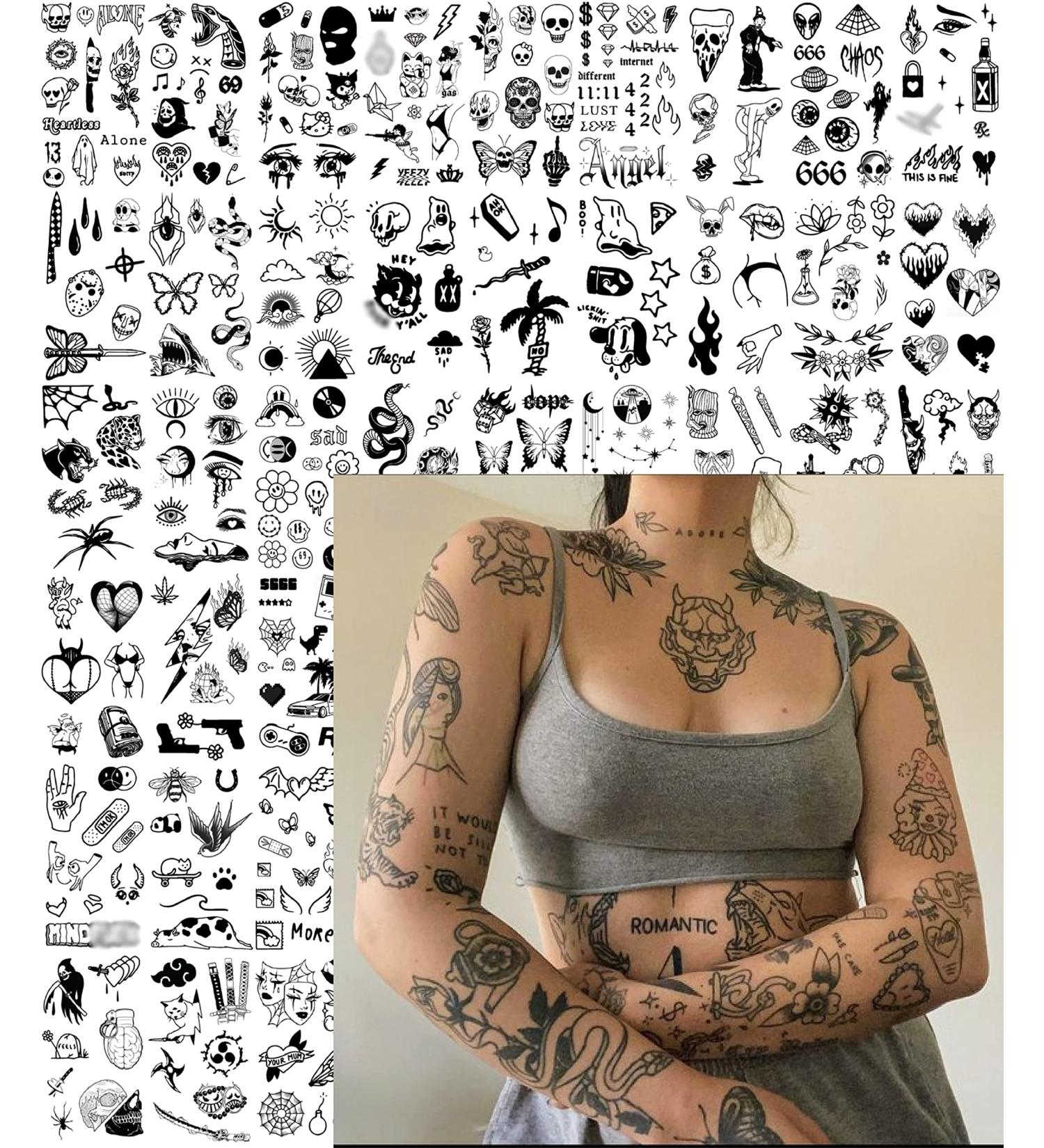 Vintage Patchwork Temporary Tattoos - Small Semi-Permanent Minimalist Line Art Black Fake Tattoo for Adults - Gothic Aesthetic Designs - Buy Online on GoSupps.com