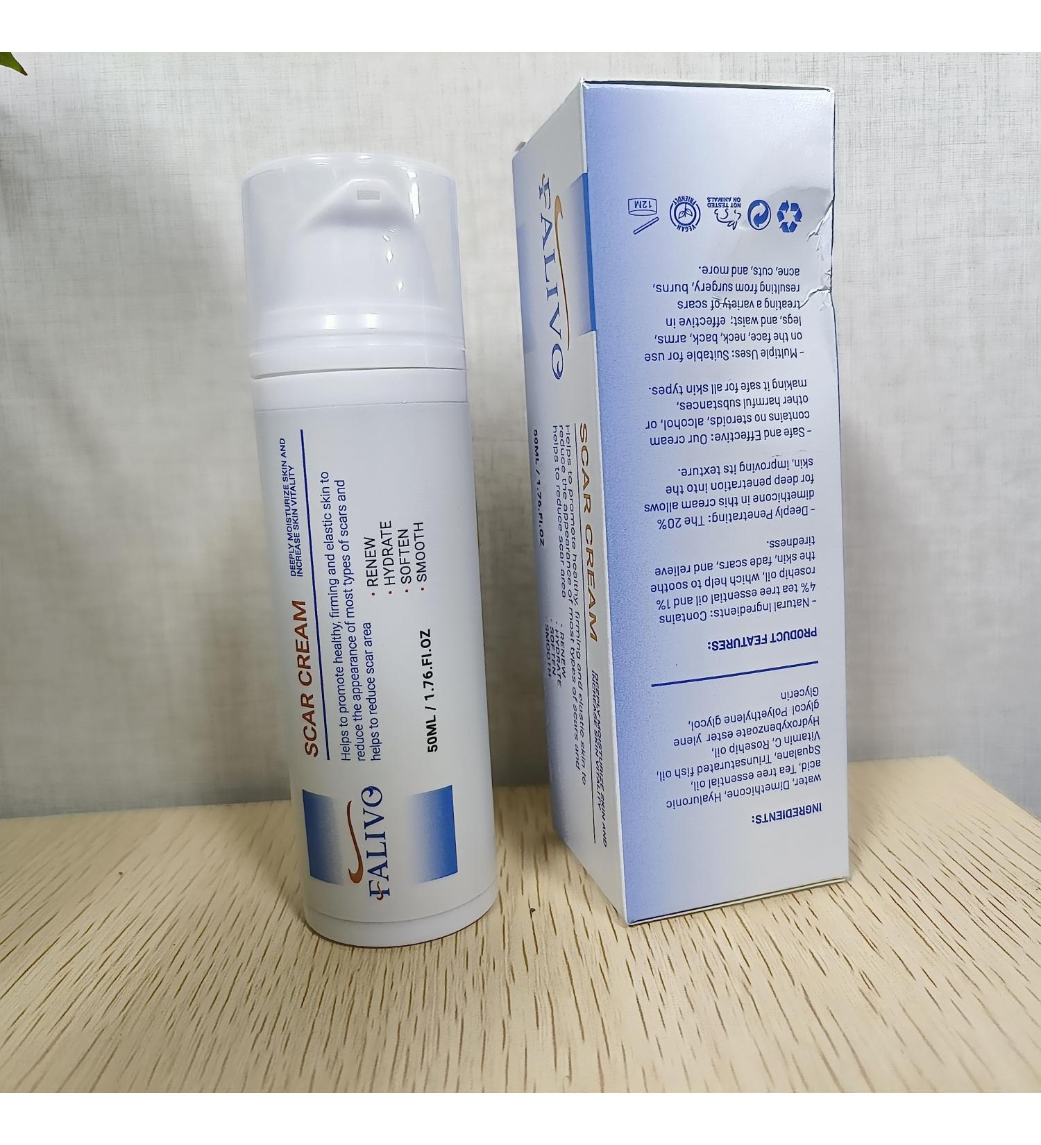 Falivo Scar Cream - 50g Scar Gel for Surgical Scars/C-Section/Stretch Marks/Injury/Acne/Keloids/Old & New Scars Scar Removal Treatments Suits Face & Whole Body 100% Silicone Scar Gel