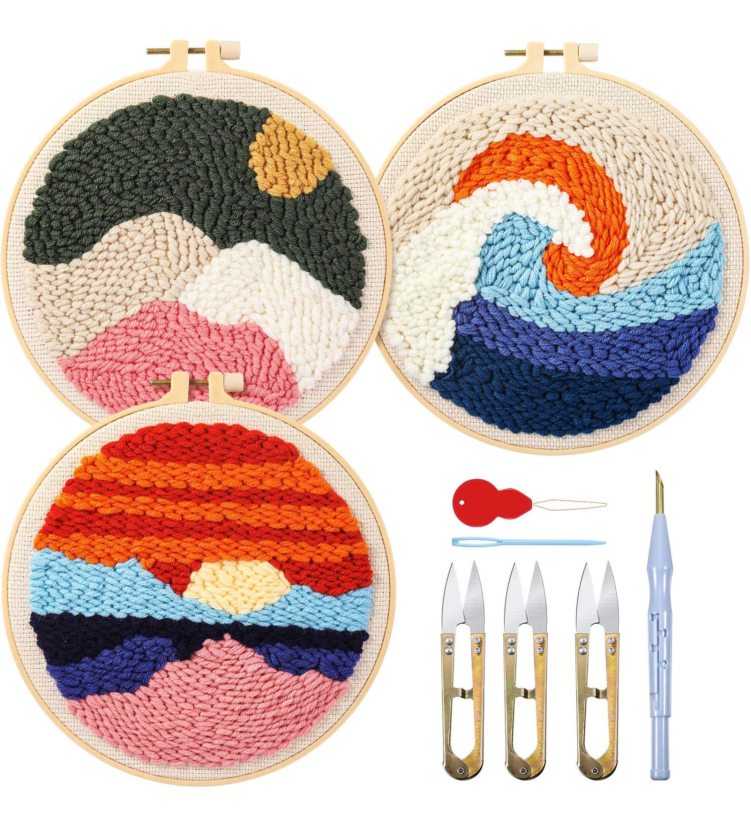 3 Sets Embroidery Starter Kit Punch Needle Kits with Adjustable Pen - Red - Buy Online on GoSupps.com