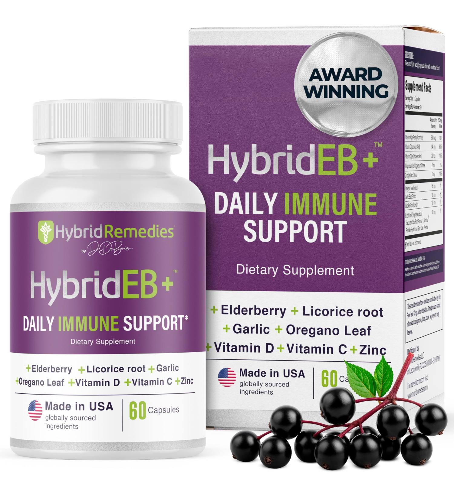 HybridEB Sambucus Elderberry Immune Support with Vitamin C, Zinc, Vitamin D3 - Antioxidant & Immunity Supplement, 1 Month Supply - 9 in 1 Black Elderberry Kids and Adults - 60 Capsules - Buy Online on GoSupps.com