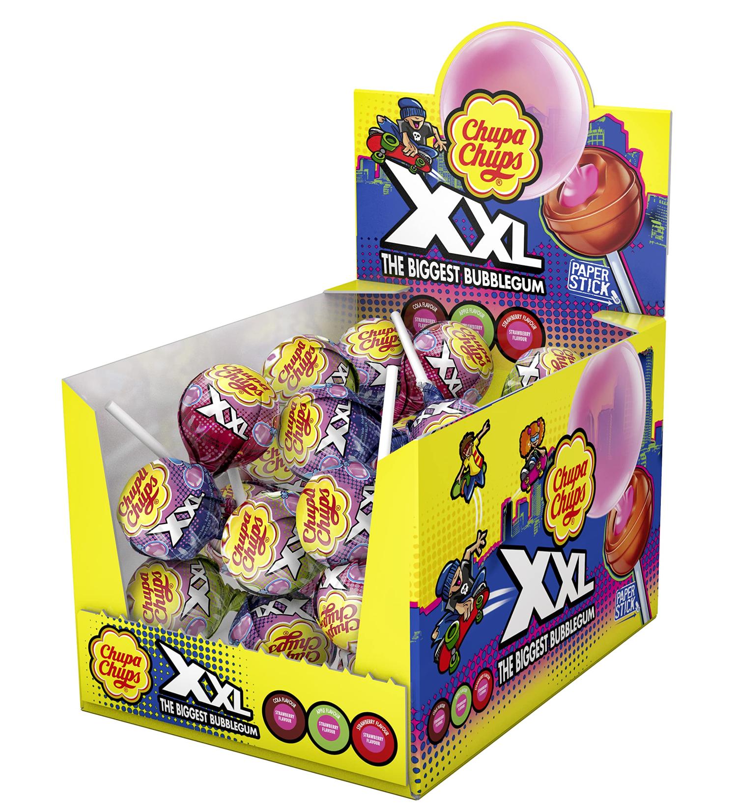 Chupa Chups XXL BIG BUBBLE Lollipops - 25 Candy Display | Strawberry Apple & Cola Chewy Gum Core - 29g Each - Buy Online on GoSupps.com