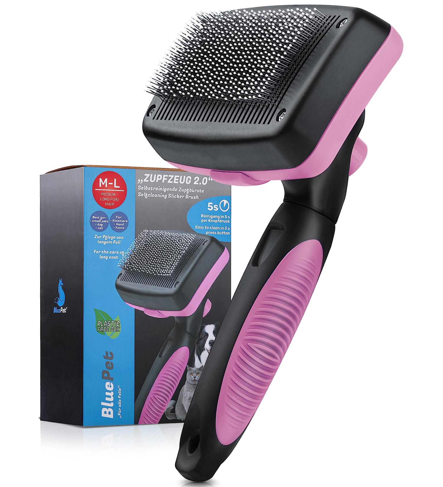 Bluepet 2023 Dog & Cat Brush - Gentle Undercoat & Knot Remover for Long-Haired Pets - Easy Clean Button - Daily Pet Grooming Tool in Blue & Pink - Buy Online on GoSupps.com