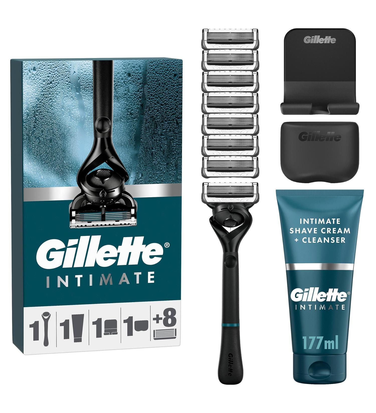 Gillette Intimate Set: Men's Wet Razor + 8 Blades + 2-in-1 Shaving & Shower Cream + Shower Hooks & Travel Case | Perfect Gift Idea for Men - Buy Online on GoSupps.com