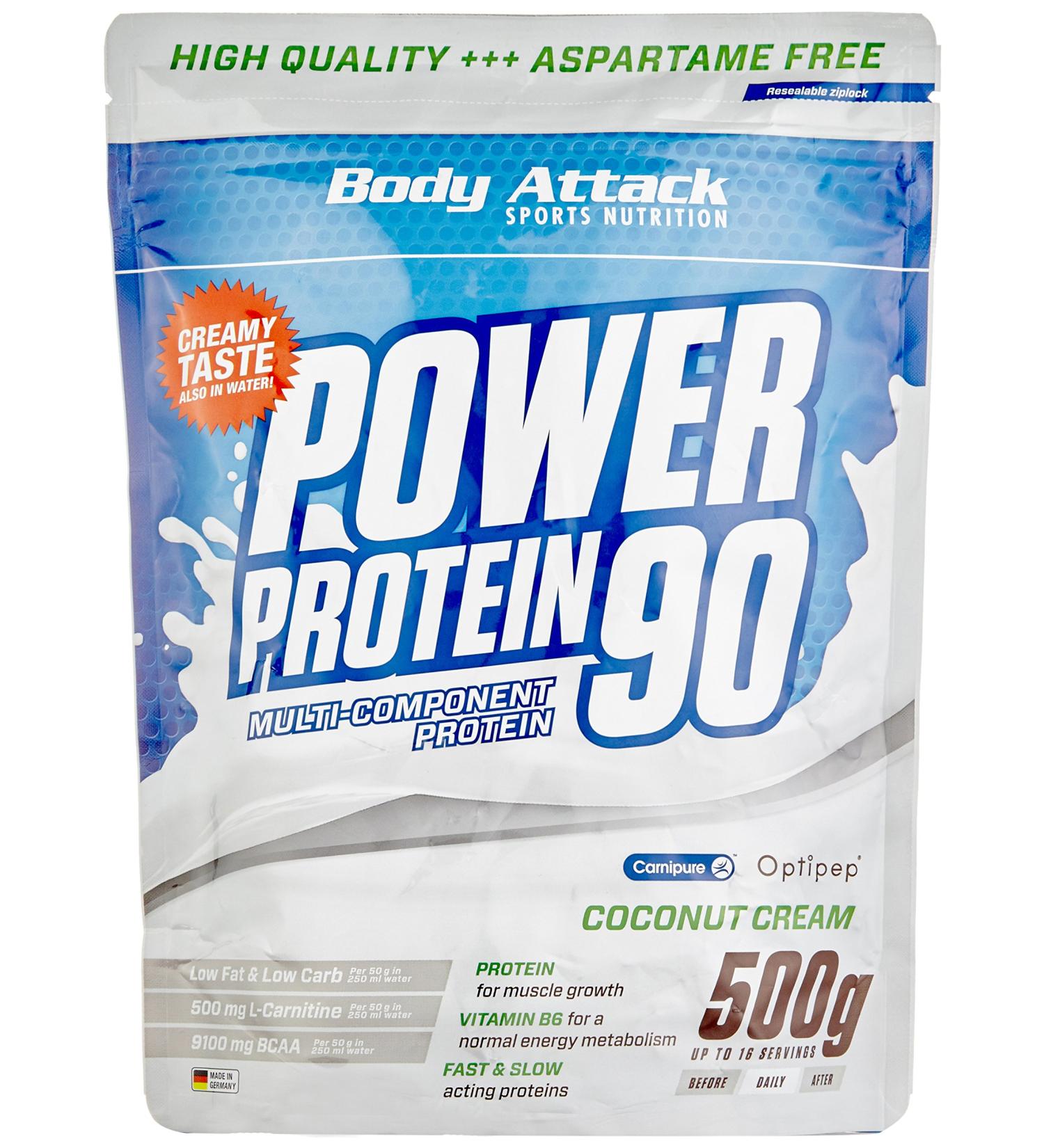 Buy Body Attack Power Protein 90 Coconut Cream 500g - Multi-component Protein Powder with BCAA Vitamins & L-Carnitin - Extra Creamy Protein Shake Made in Germany - International Shipping Available - Buy Online on GoSupps.com