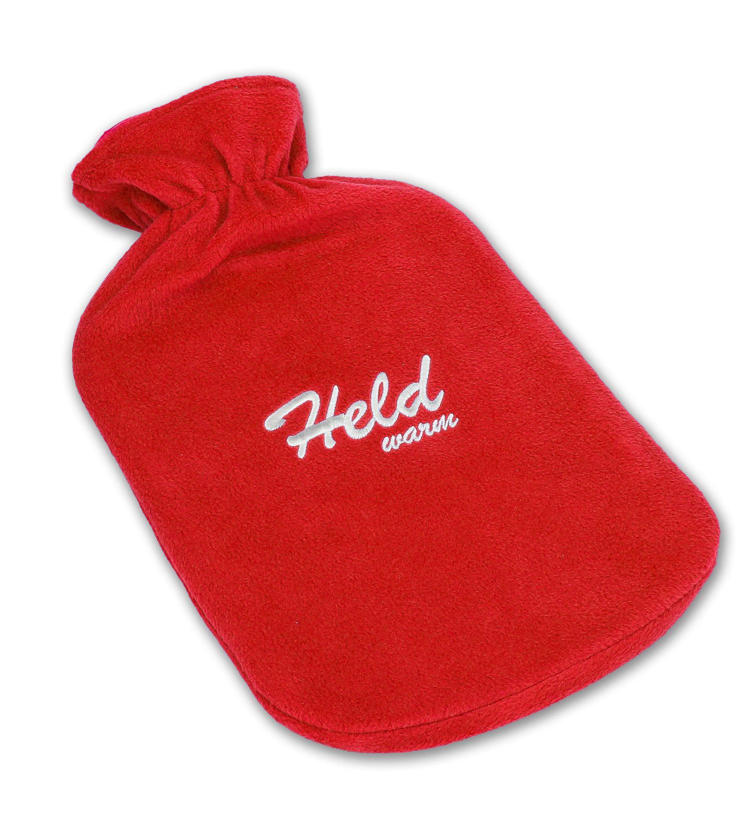 Hot water bottle with the slogan "Held warm" - T V-tested brand quality - 2 liters - extra-soft fleece cover red