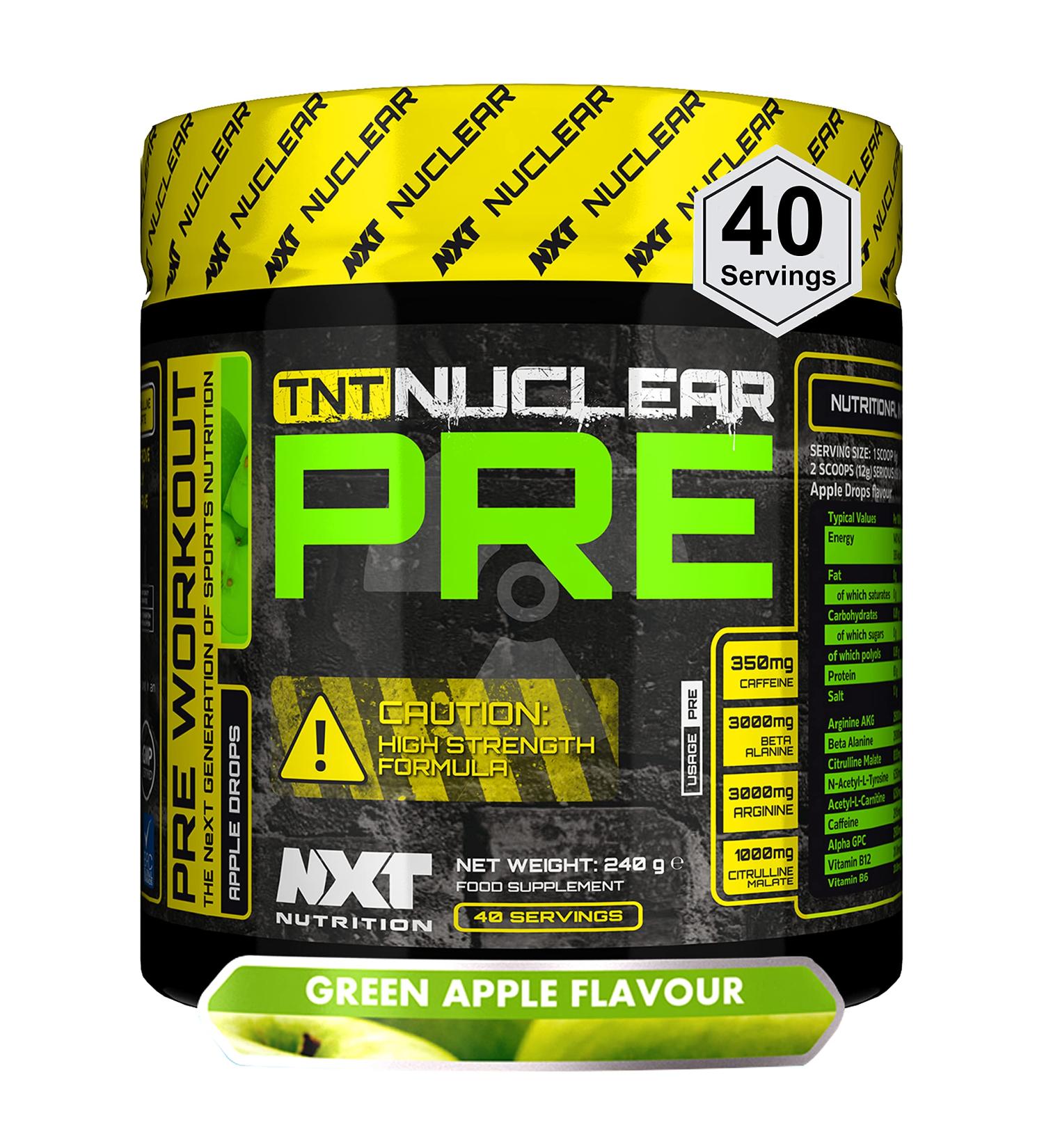 NXT Nutrition TNT Nuclear Pre Workout Energy Drink - 40 Servings Mixed Candy Vegan (Apple Drops) | L-Citrulline, Beta Alanine, 350mg Caffeine for Pump, Endurance & Focus - Buy Online on GoSupps.com