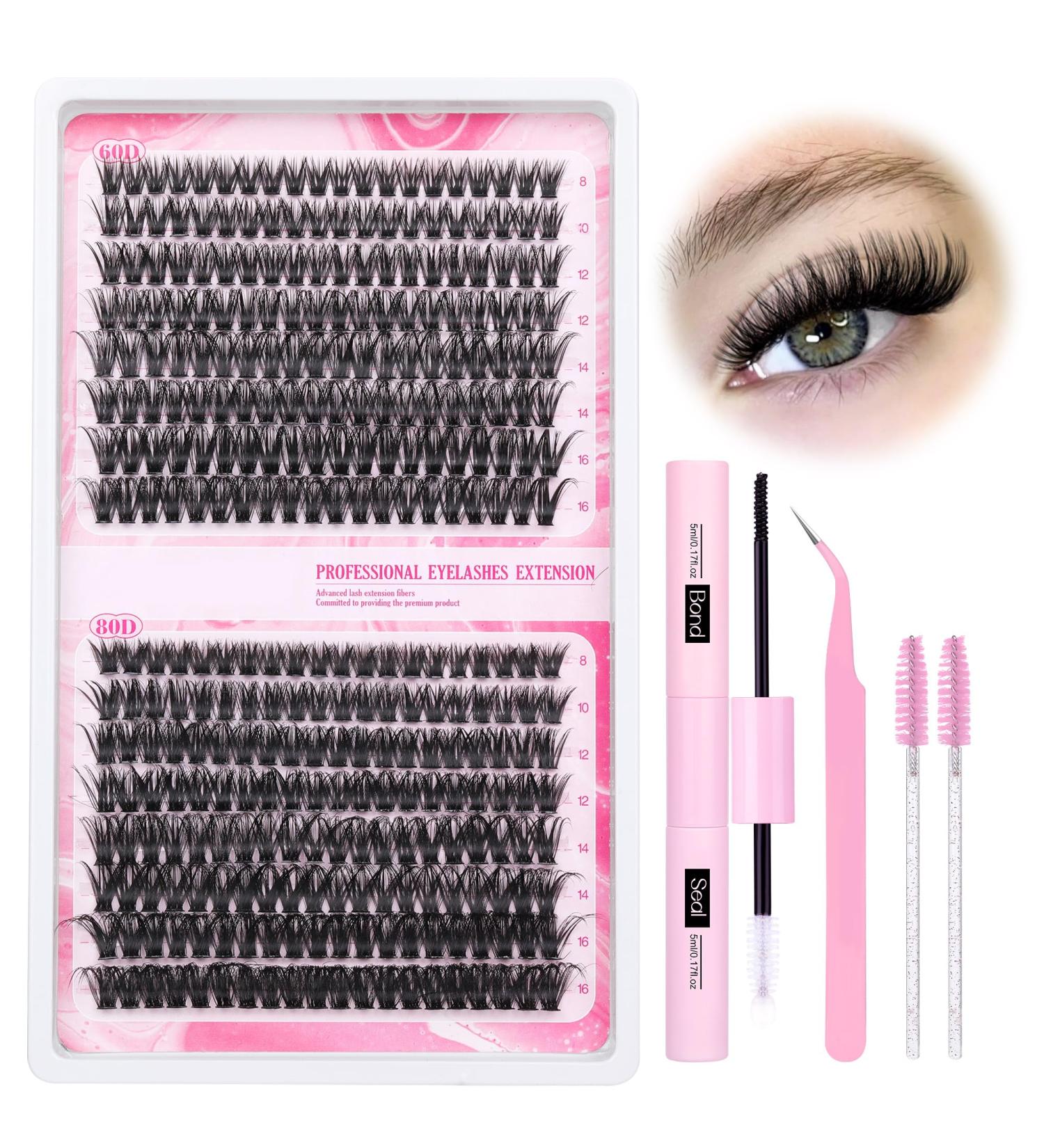 Premium Lash Extension Kit - 320pcs Fluffy 60D & 80D Individual Lashes Thin Band Cluster Lashes Bond & Seal Tweezers & Brush | Shop Worldwide - Buy Online on GoSupps.com