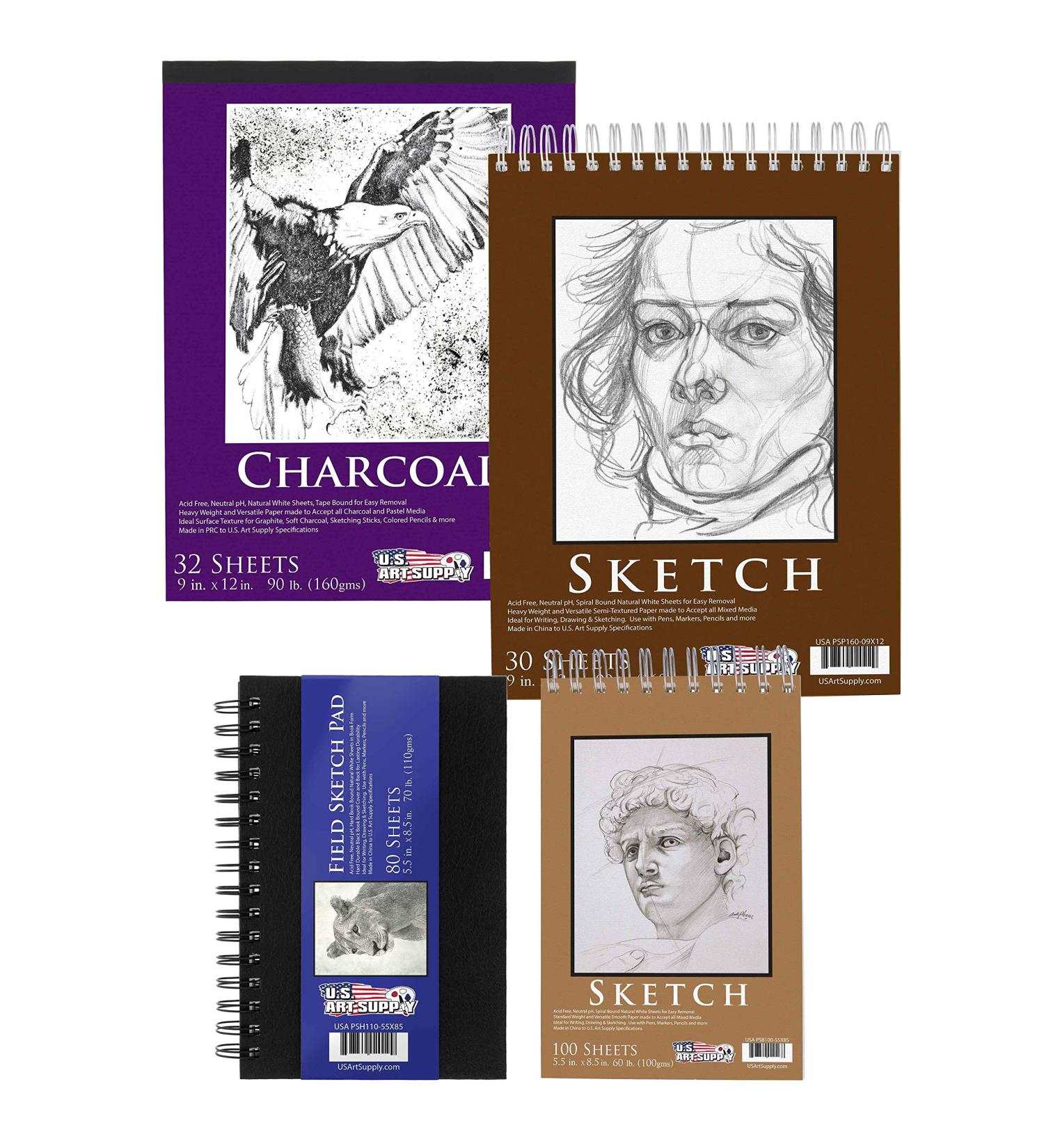 U.S. Art Supply Sketching & Drawing Paper Pads - 242 Sheets - Spiral Bound - Charcoal Pencil - Mixed Media - 4-Piece Set - Buy Online on GoSupps.com