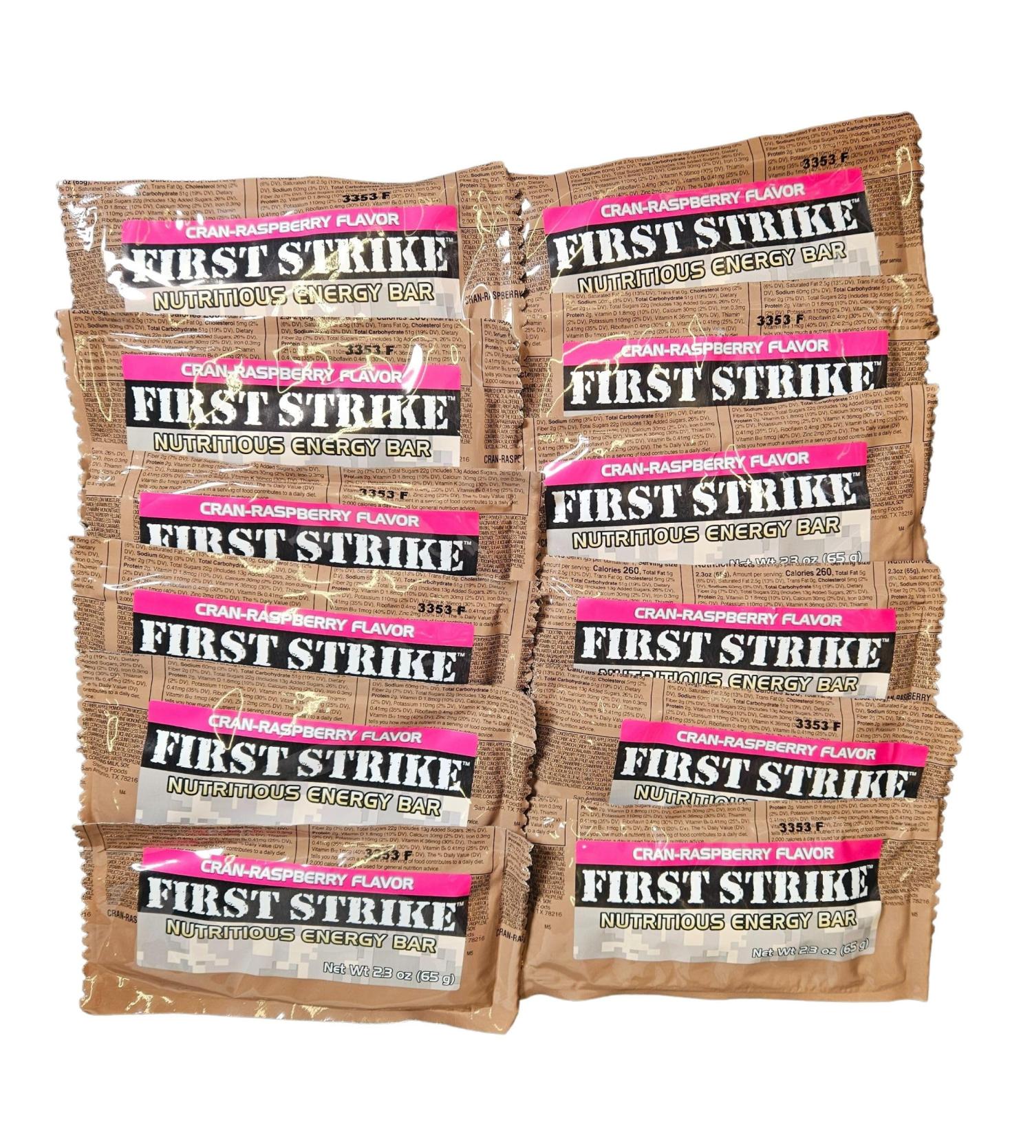 First Strike Energy Bar Full Size 2.3oz - Authentic Long-Life USGI MRE Ration Nutrition Bars. Many Flavors and Packs to choose from Recent Production dates (12 CranRaspberry) CranRaspberry 1 Count (Pack of 1)