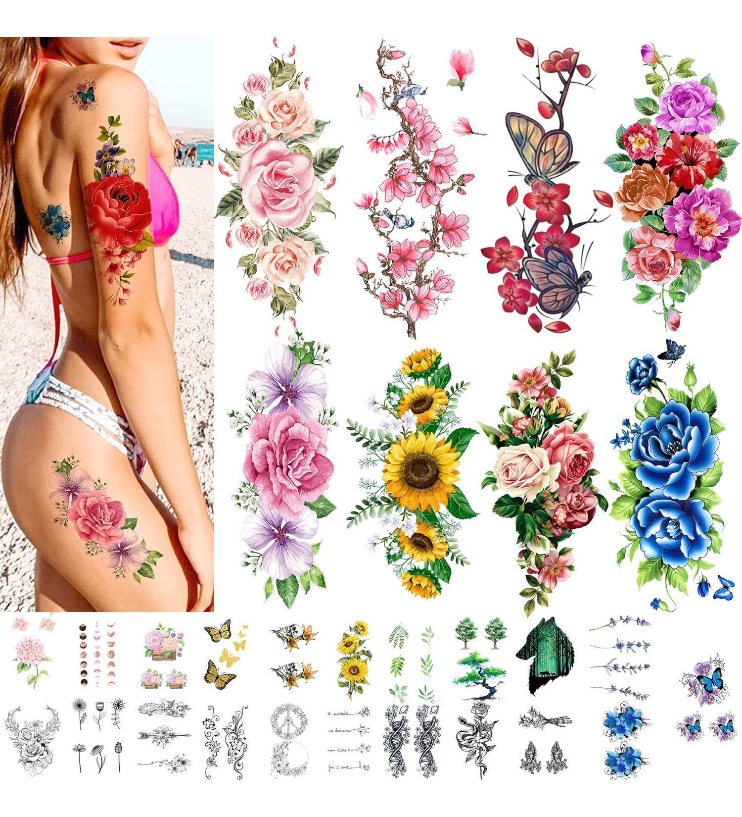 Quichic Realistic Large Flower Temporary Tattoos - 60+ Designs for Women and Girls - Sexy Floral Blossom Branch Neck and Hand Fake Tattoos - Long Lasting Adult Temporary Tattoo - Buy Online on GoSupps.com