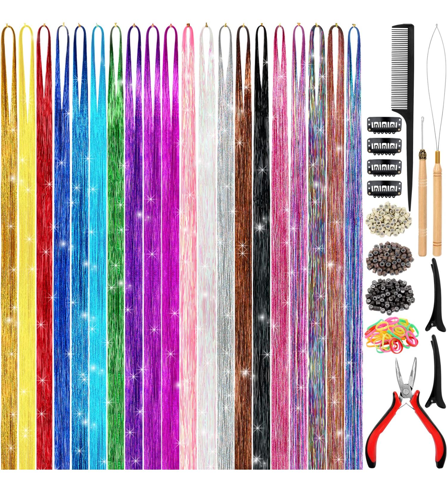 48 Inch Hair Tinsel Kit - 20 Colors, 4800 Strands - Heat Resistant Extensions for Women & Girls - Hair Accessories Included - Buy Online on GoSupps.com