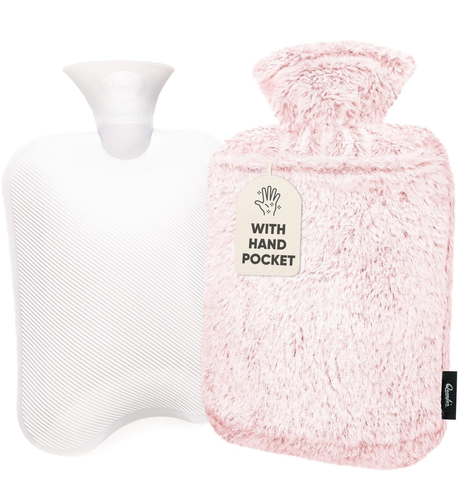 Qomfor Hot Water Bottle with Fluffy Faux Fur Cover - 1.8L Large - Pink | Pain Relief for Neck, Shoulders, Hands, Feet - Cosy Nights - Buy Online on GoSupps.com
