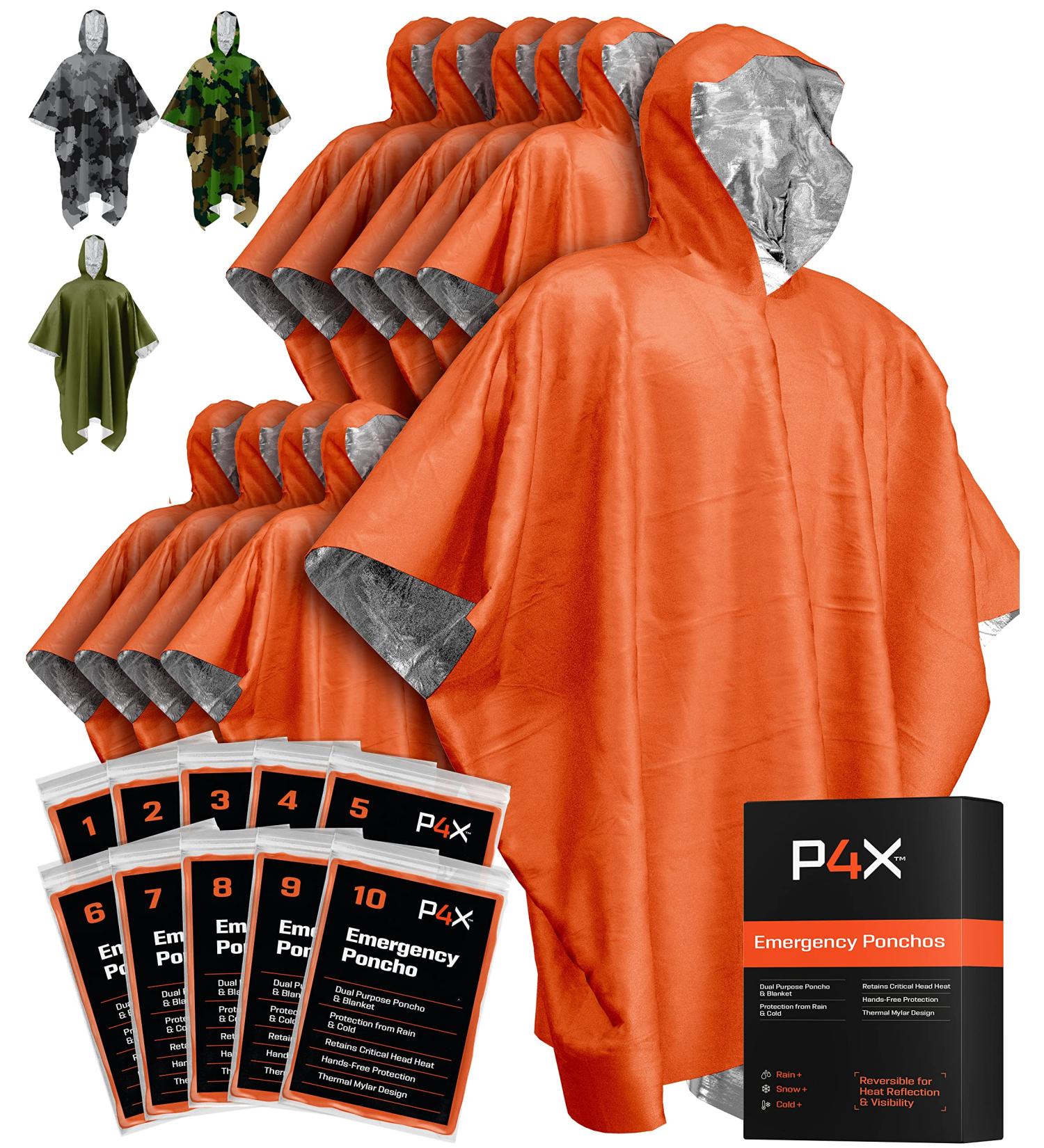 PREPARED4X Emergency Rain Poncho with Mylar Blanket Liner 10 Pack - Heavy Duty Waterproof Survival Blankets for Car, Camping Gear - Tactical Prepper Supplies (Orange) - Buy Online on GoSupps.com