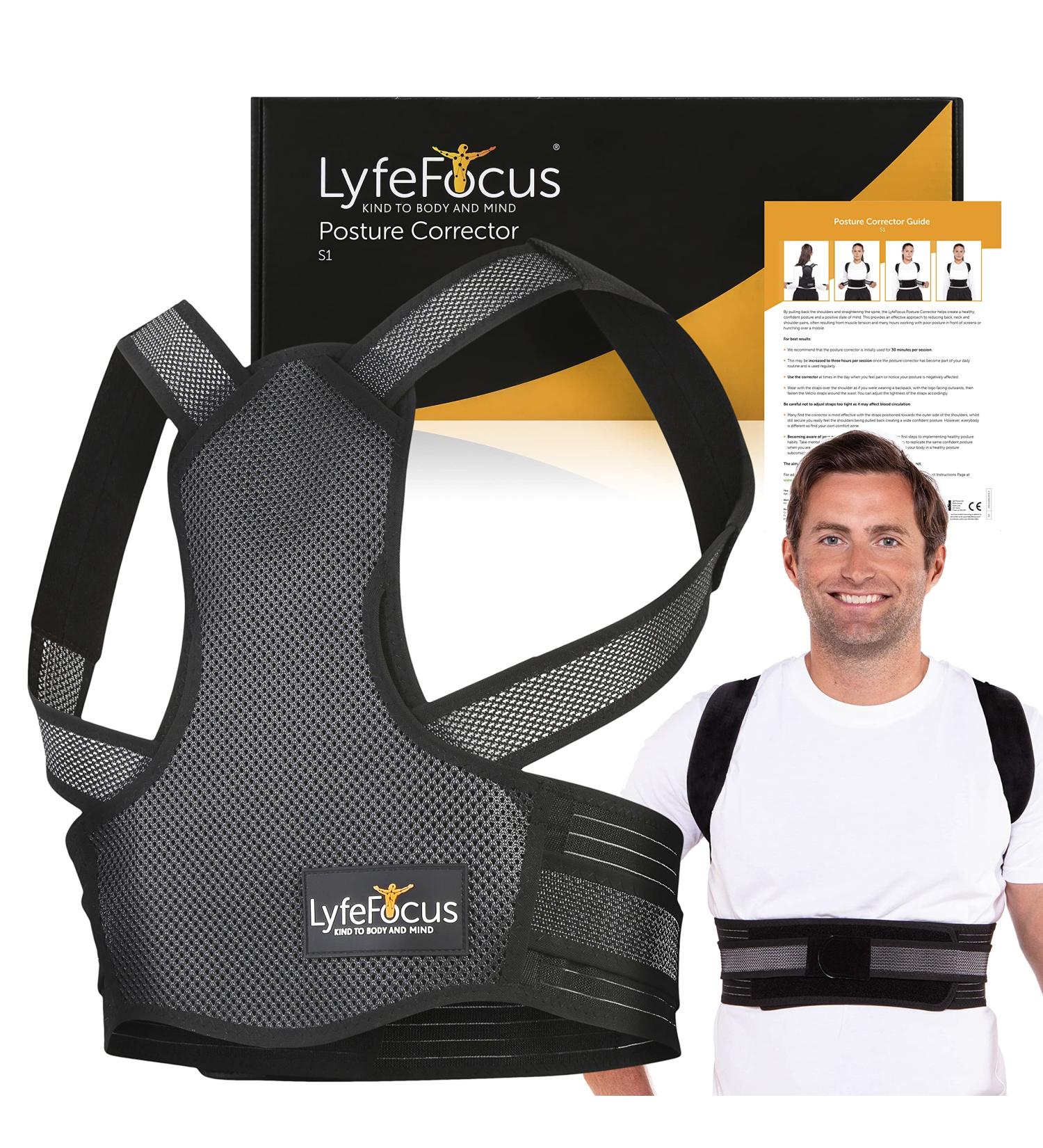 LyfeFocus S1 Premium Posture Corrector for Men & Women - Back Support Brace for Neck, Shoulder & Back Pain Relief - Breathable & Effective - Black Large - Buy Online on GoSupps.com