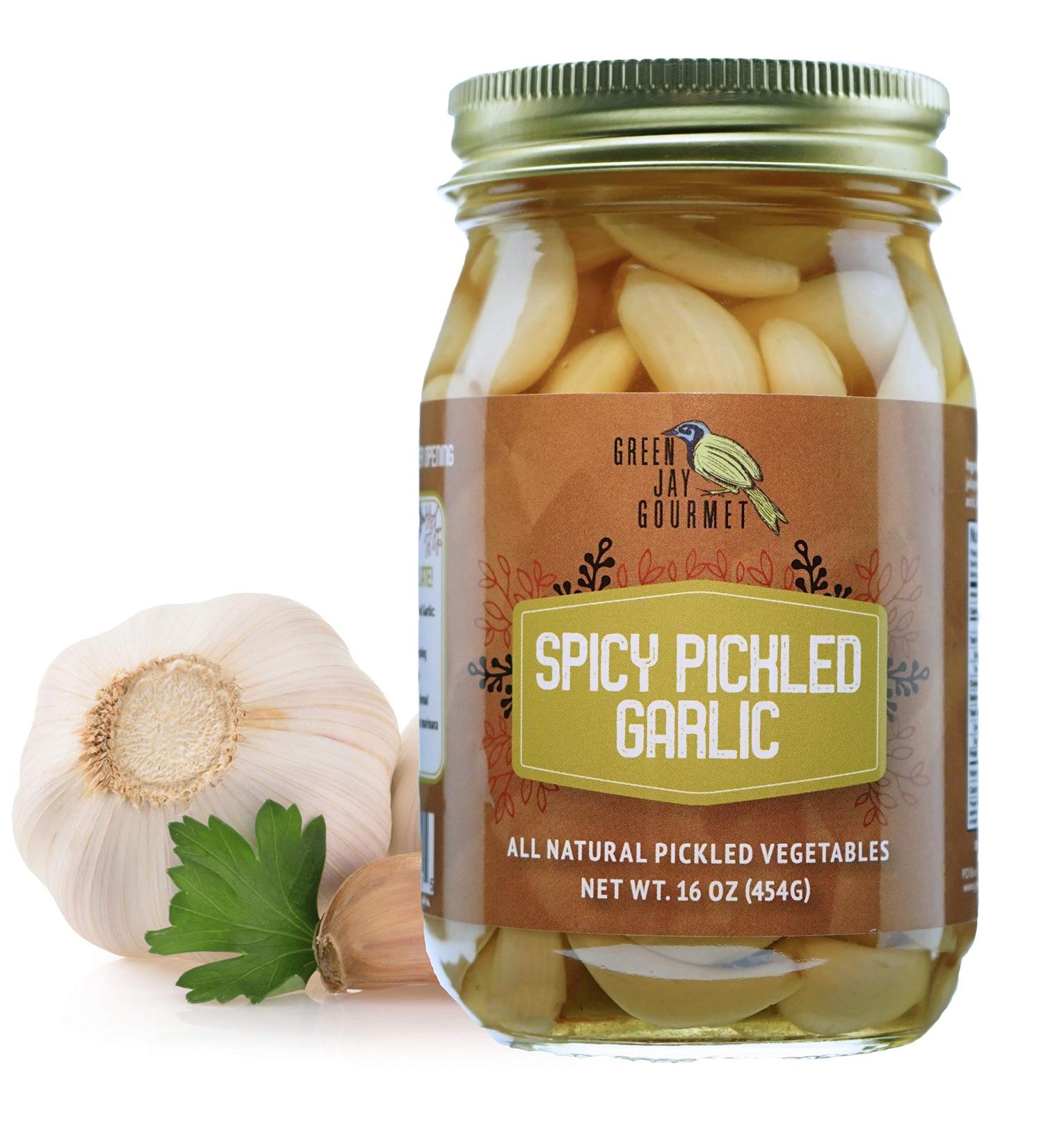Green Jay Gourmet Spicy Pickled Garlic Cloves - Fresh Garlic Bulbs for Cooking - 16 oz Jar - Buy Online on GoSupps.com