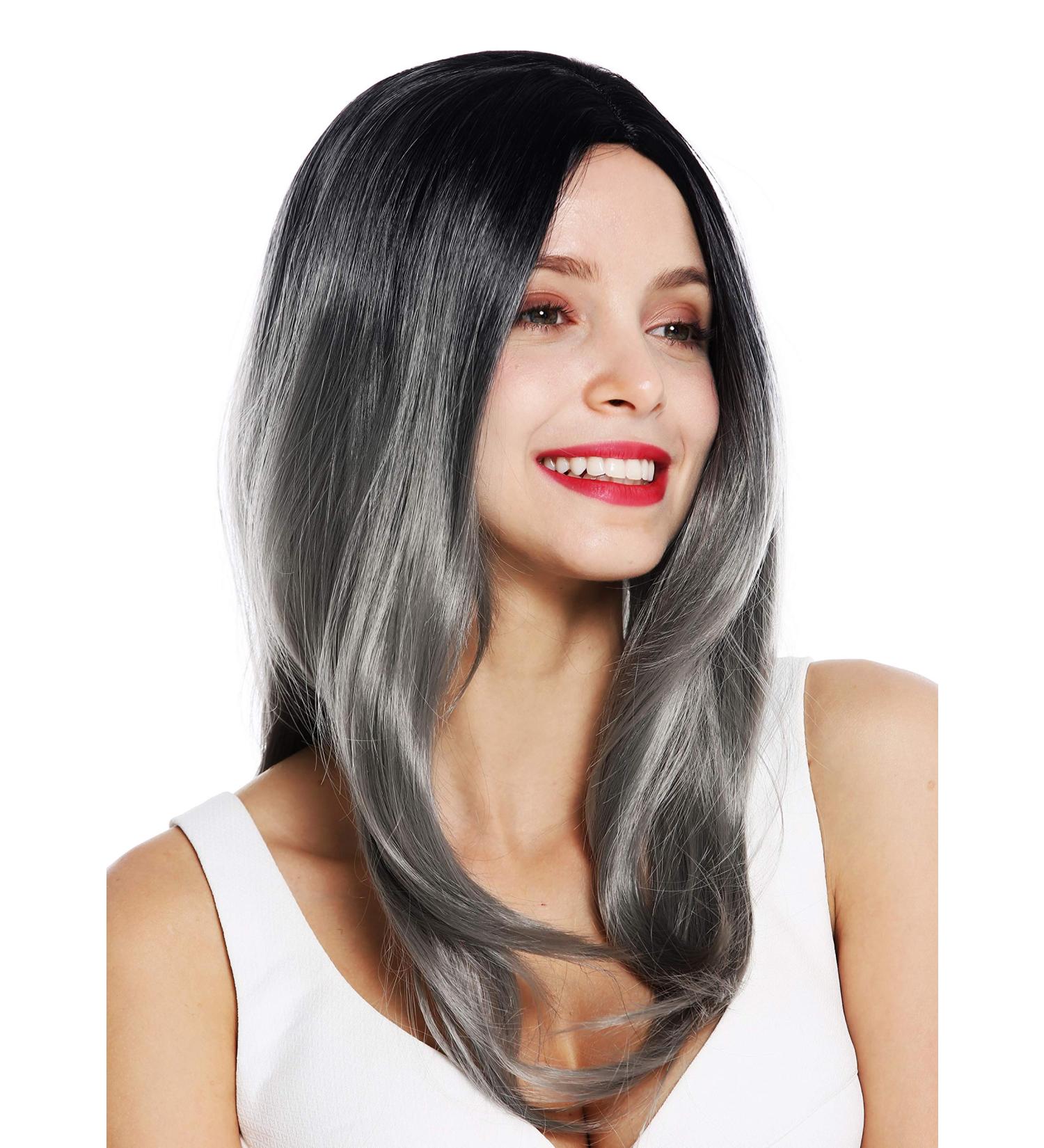WIG ME UP ZM-1811-171Dye1B Women's Long Straight Ombre Balayage Wig - Black Grey Middle Parting - Buy Online on GoSupps.com