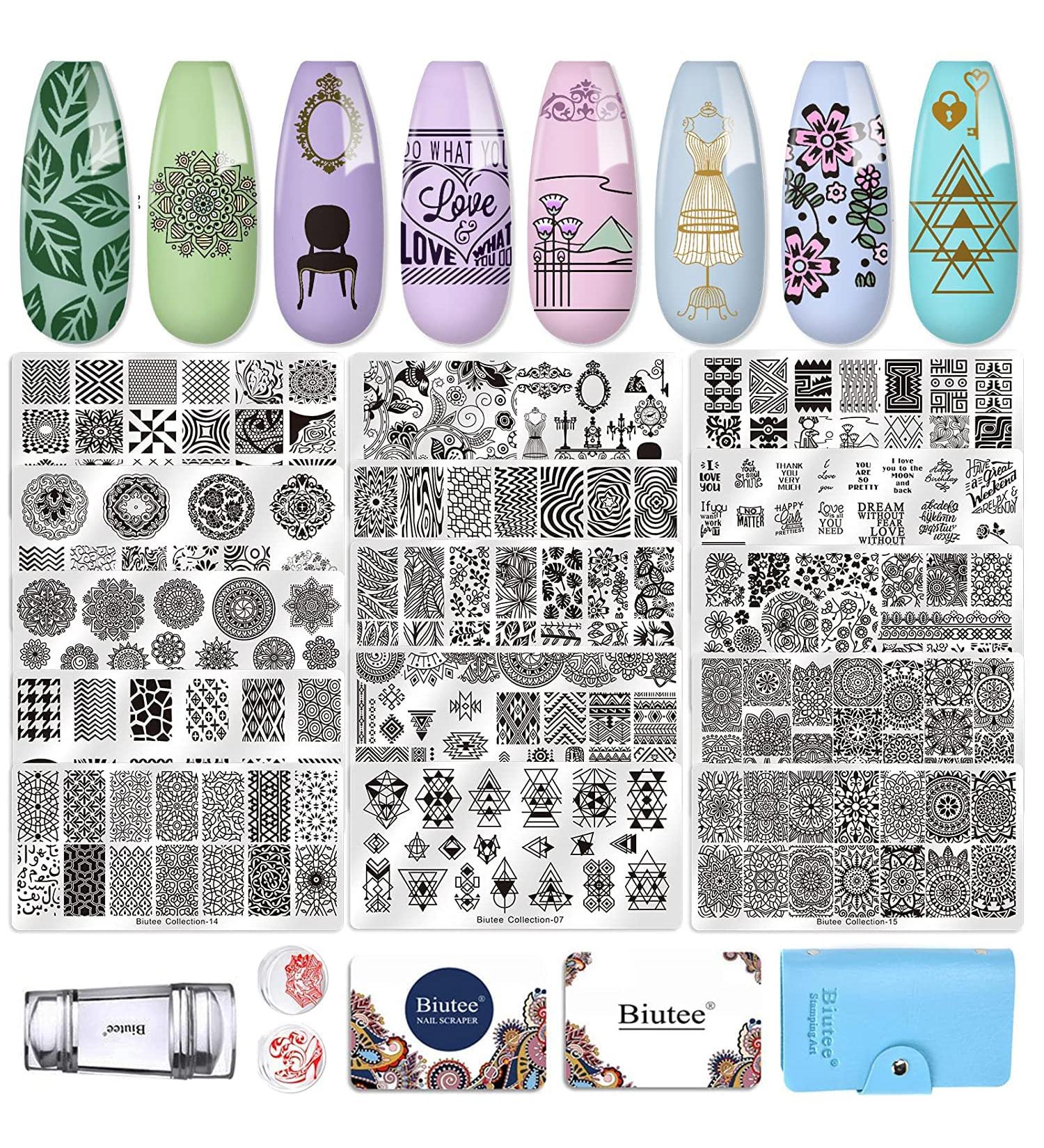 Biutee 15pcs Nail Stamping Plates Set with Stamper, Scraper, and Storage Bag - Manicure Art Vintage Ethnic Leaves Flowers Animal Image Stamp Kit - Buy Online on GoSupps.com
