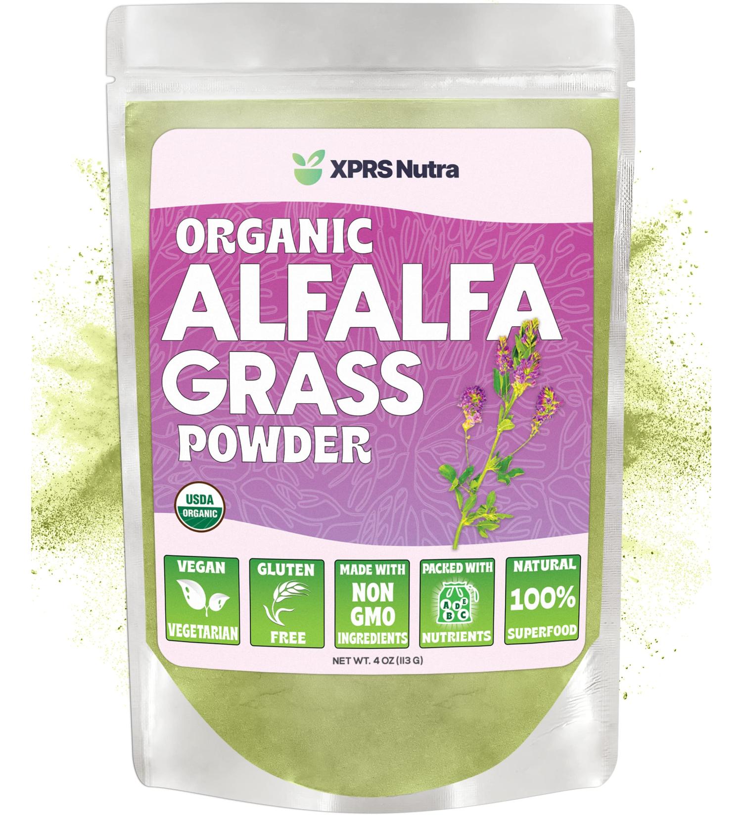 XPRS Nutra Organic Alfalfa Powder - Premium Vegan Supplement with Calcium, Antioxidants, and Vitamins - 4oz Farmer Alfalfa for Kids and Adults - Vegan Friendly - Buy Online on GoSupps.com