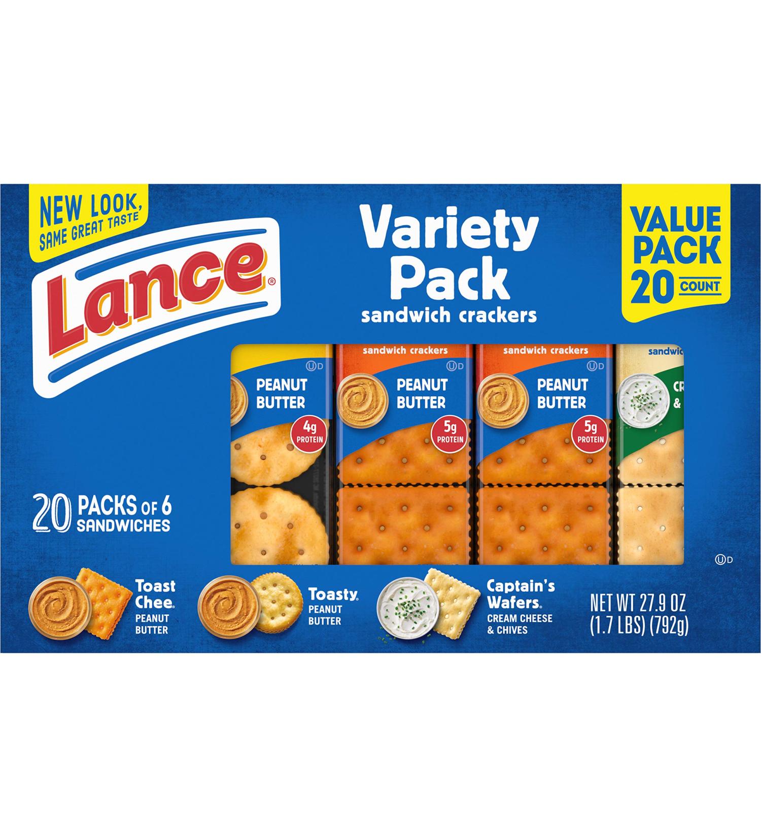 Lance Sandwich Crackers Variety Pack - 20 Individually Wrapped Packs, 6 Sandwiches Each (3 Flavors) - Buy Online on GoSupps.com