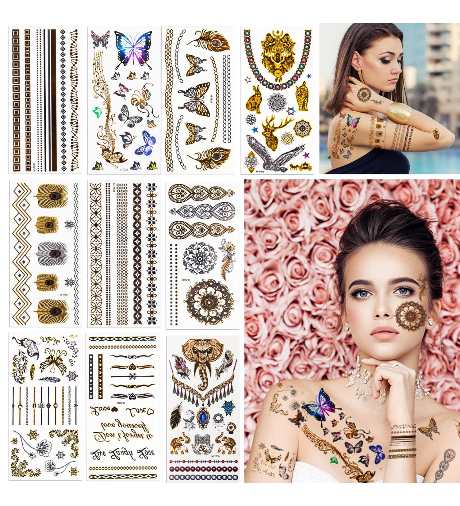 Gold Temporary Tattoos - 10 Sheets, 100+ Designs for Women, Metallic Face Glitter Stickers, Waterproof, Realistic and Long-Lasting - Buy Online on GoSupps.com