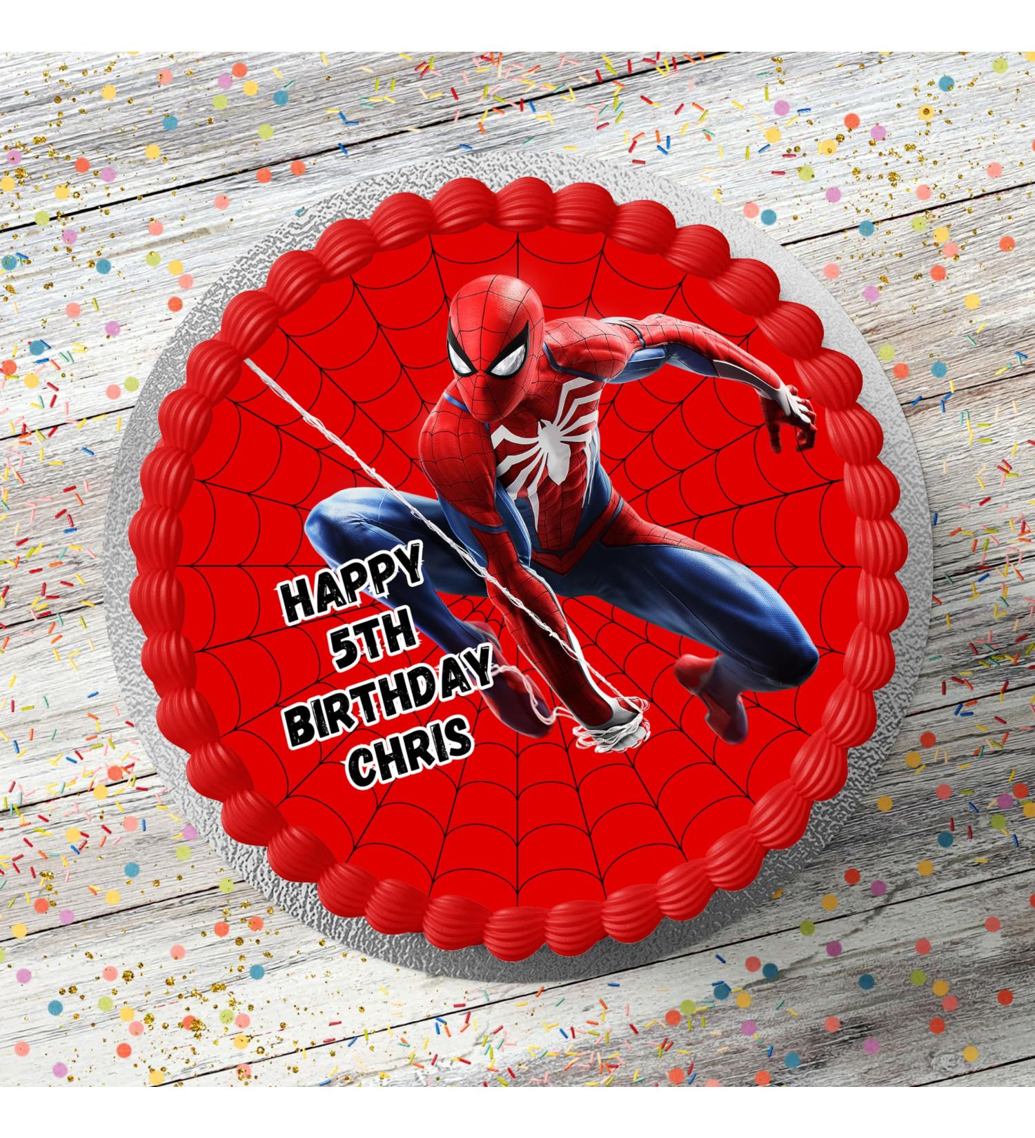 Spiderman Themed Personalised Happy Birthday PRECUT Cake Topper 8 Inch Round Edible Icing Sheet Birthday Cake Decoration