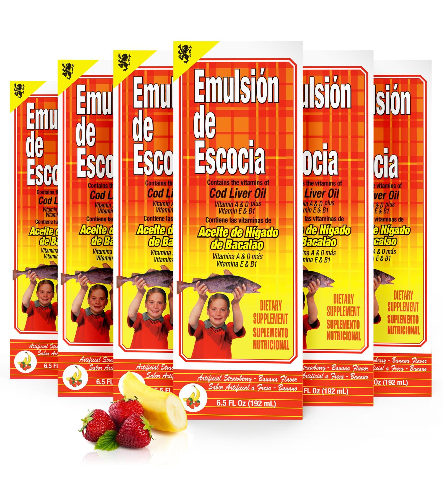 Emulsion de Escocia Strawberry Banana 6-Pack Cod Liver Oil Liquid Supplement for Kids Omega-3 Fish Oil with Vitamins A D E & B1 Immune Support & Growth 6.5 Fl Oz Bottles Omega 3 for Kids - Buy Online on GoSupps.com