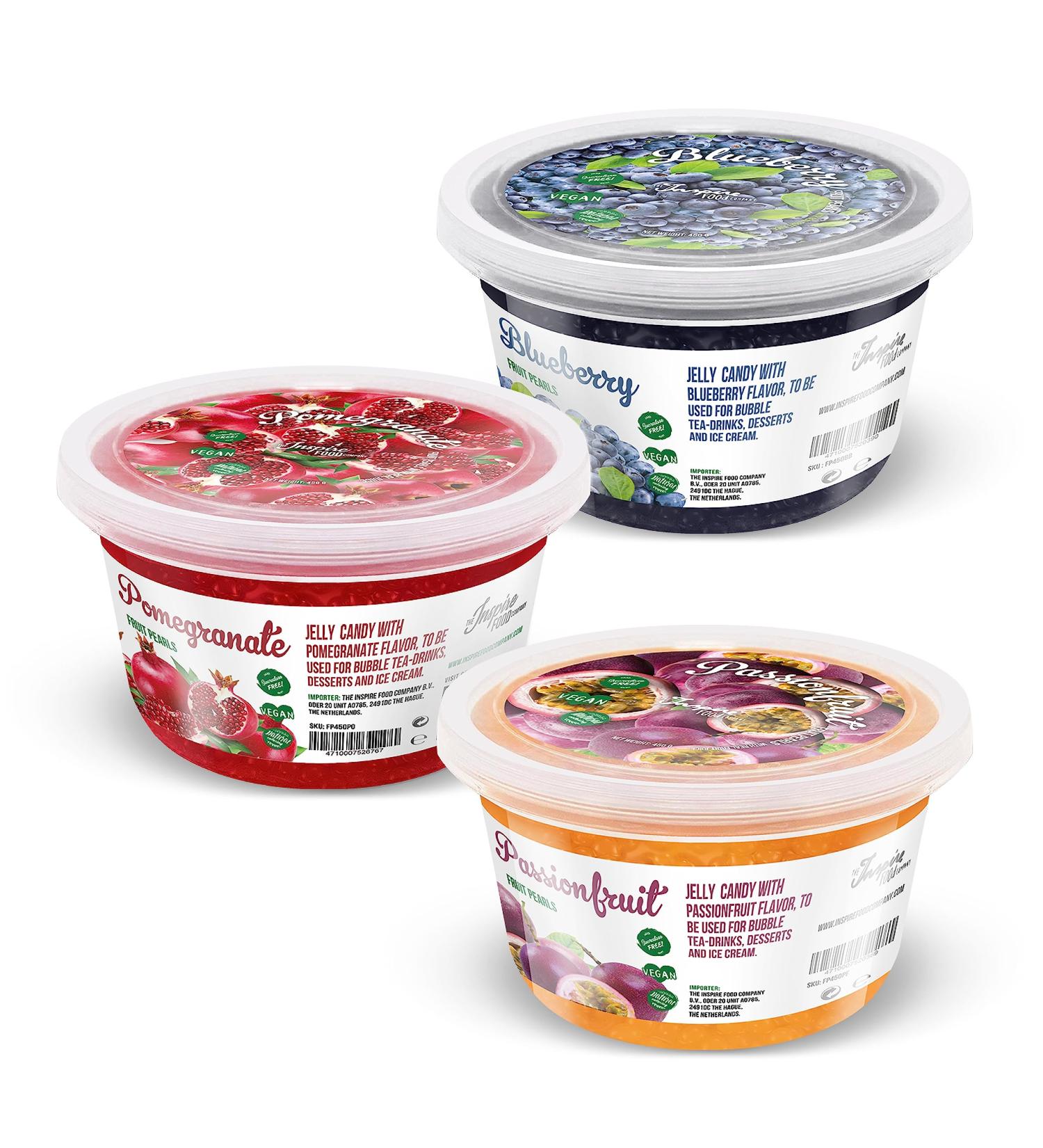 Inspire Food Bubble Tea Pearl Set - 3-Pack Popping Boba | Blueberry Pomegranate Maracuja | 100% Vegan Gluten-Free Tapioca Pearls - 450g Each - Buy Online on GoSupps.com