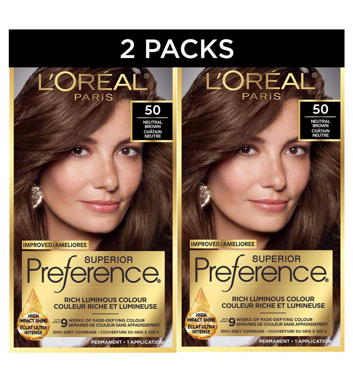 L'Oreal Paris Superior Preference Hair Dye Hair Color for Women 50 Natural Brown Hair Dye Permanent Hair Color 100% Grey Coverage 9 weeks of Luminous Fade-Defying 1 Hair Dye Kit (Pack of 2) (Packaging May Vary) Neutral Brown Brown - Buy Online on GoSupps.com