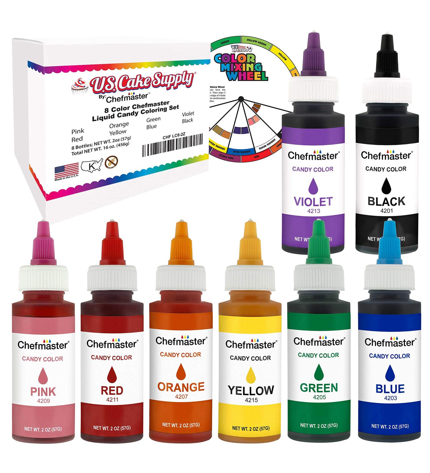 U.S. Cake Supply Large 2oz Liquid Candy Food Color 8 Bottle Kit with Mixing Wheel - Ideal for Chocolate and Candy Coloring - Buy Online on GoSupps.com