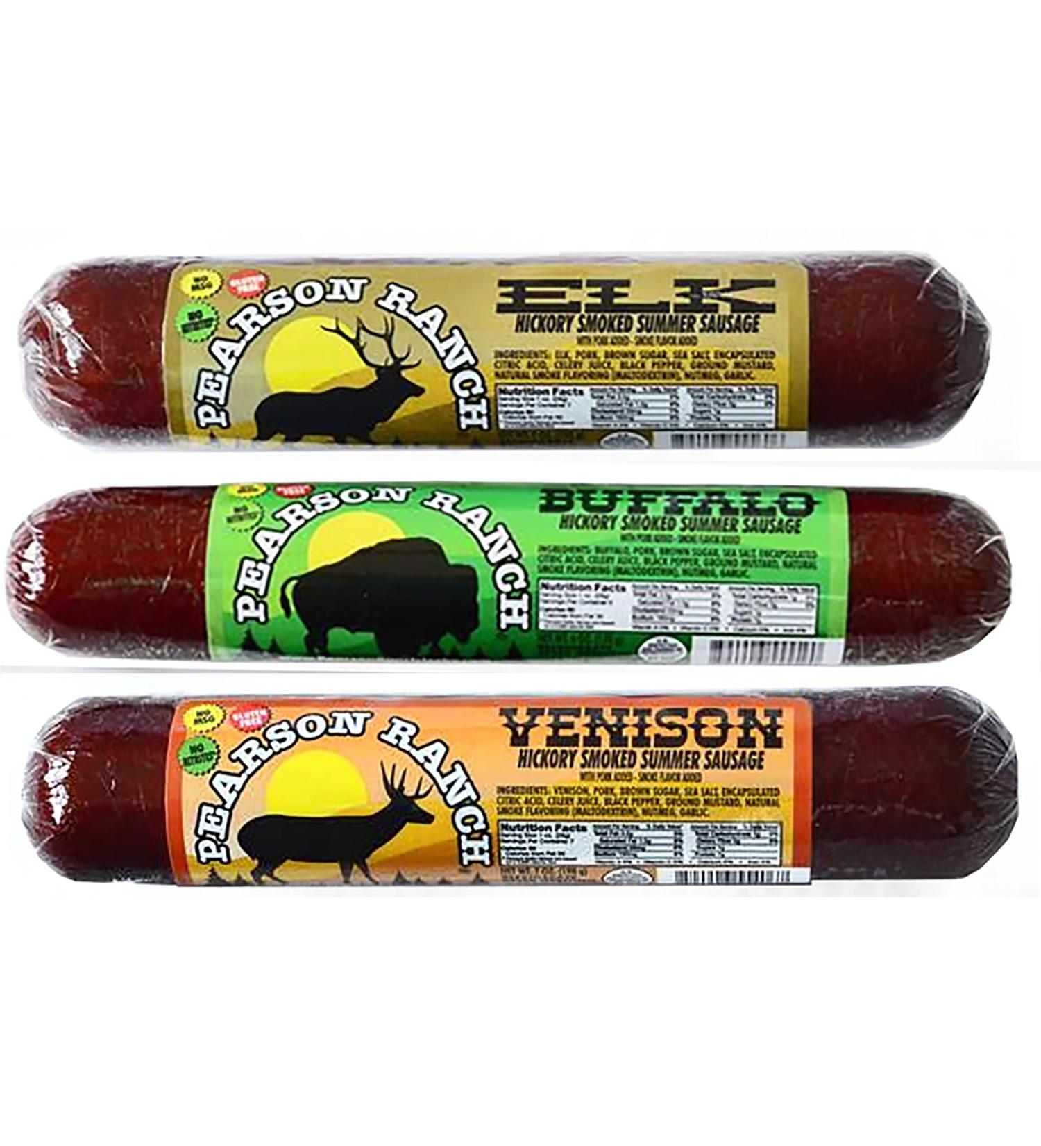 Pearson Ranch Game Meat Hickory Smoked Summer Sausage Variety Pack - Elk, Buffalo, Venison - Gluten-Free, MSG-Free (3 Pack) - Buy Online on GoSupps.com