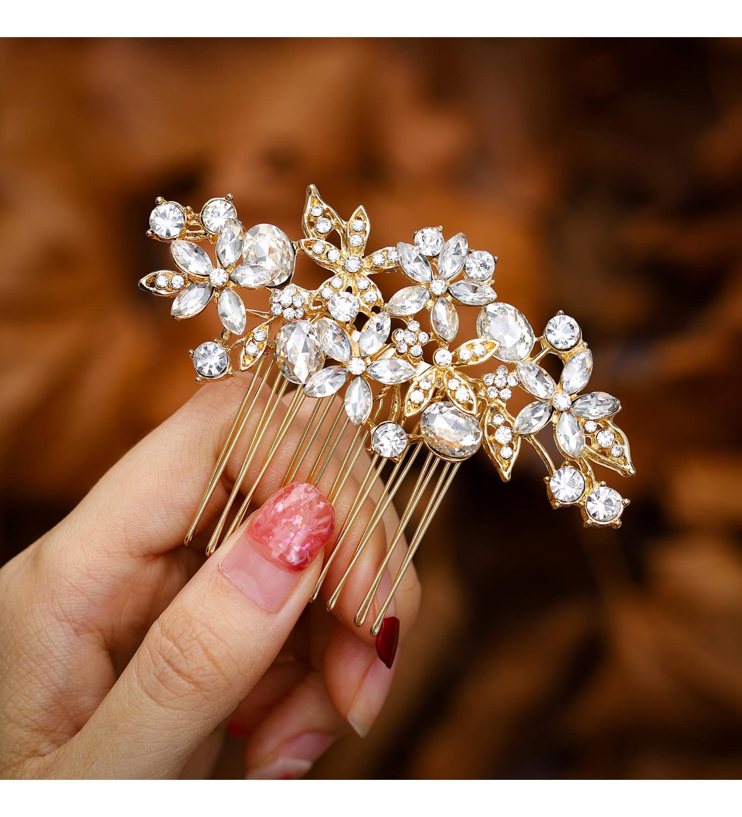 Foyte Crystal Bride Wedding Hair Comb - Silver Flower Bridal Headpiece with Rhinestone Accents - Bridesmaid Hair Accessories (Gold) - Buy Online on GoSupps.com