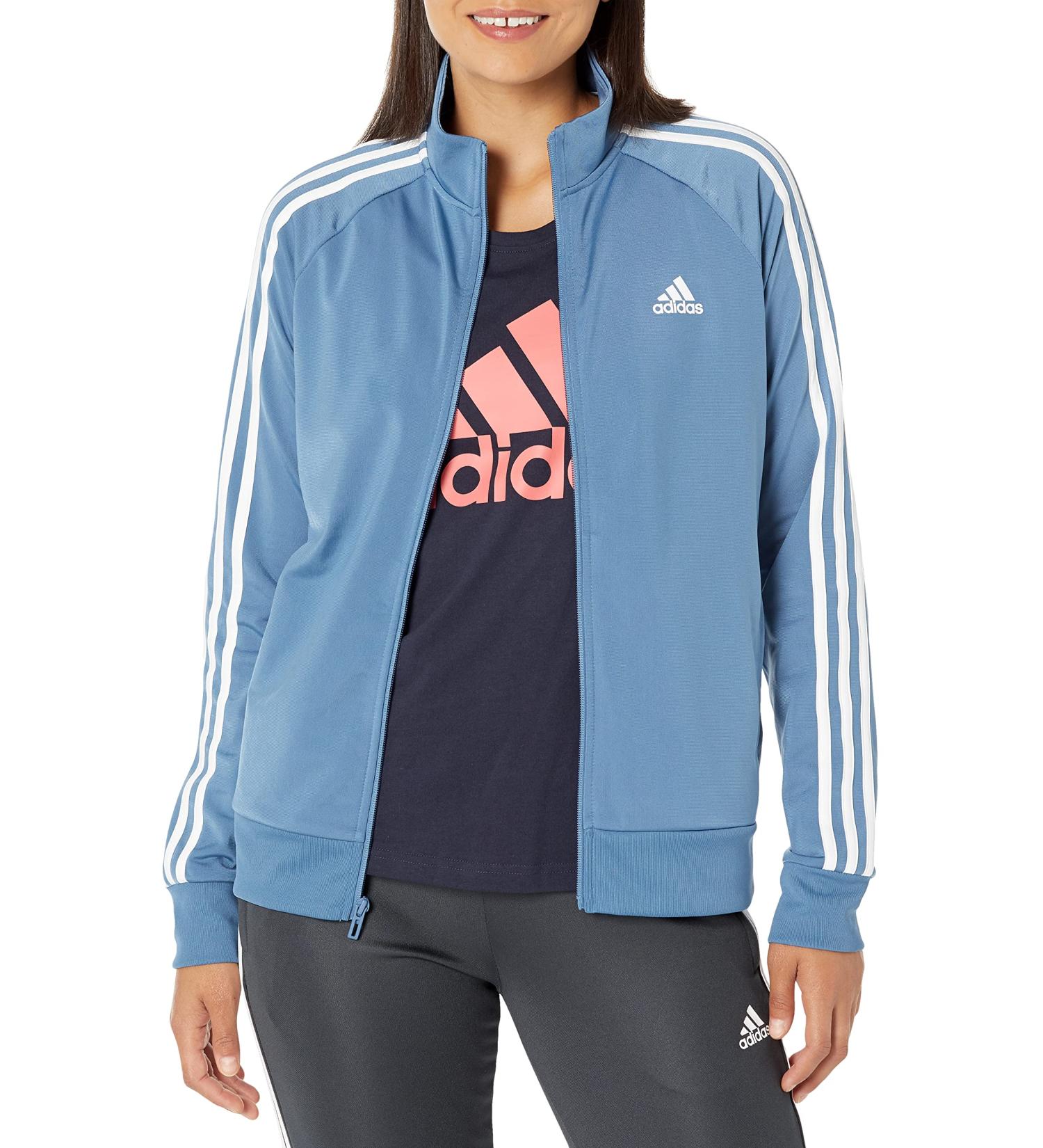 adidas Women's Essentials Warm-up Slim 3-Stripes Track Jacket Large Altered Blue/White (Primegreen)