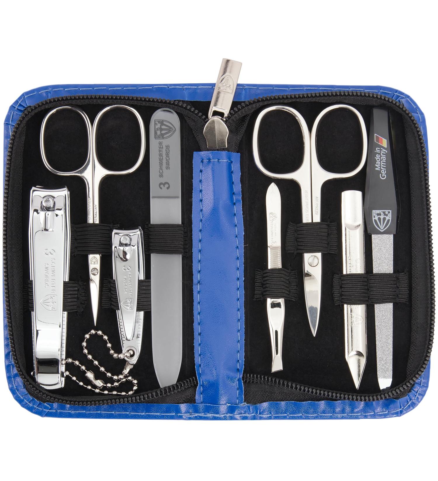Three Swords 8-Piece Manicure Set 'Roma' | High-Quality Nail Care in Blue Synthetic Leather Case | Includes Nail Scissors Clippers Tweezers & Glass Files - Buy Online on GoSupps.com