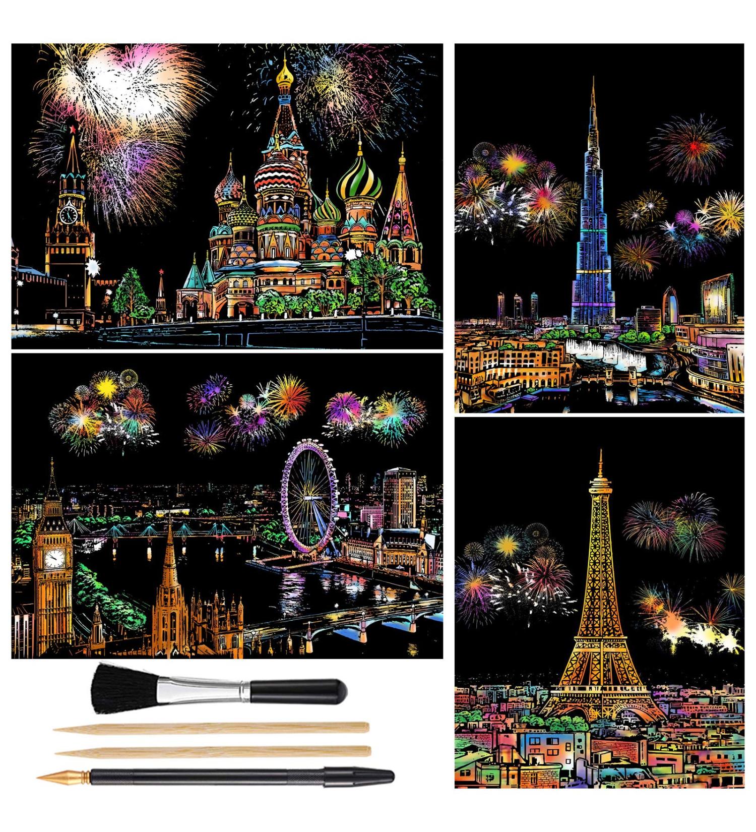 Fireworks City Night View Scratch Art Rainbow Painting Paper (A4, 4 Sheets) - DIY Craft for Kids & Adults | Engraving Arts, Perfect Christmas Birthday Gift - Buy Online on GoSupps.com