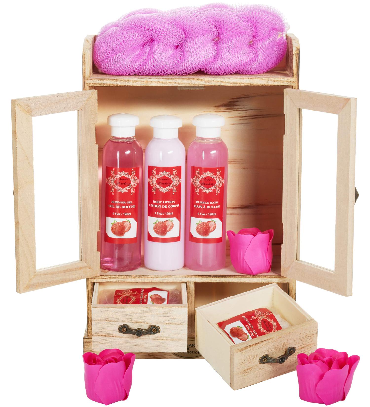 BRUBAKER Cosmetics Bath and Care Set - Strawberry Scented in Elegant Wooden Cabinet | International Shipping Available - Buy Online on GoSupps.com