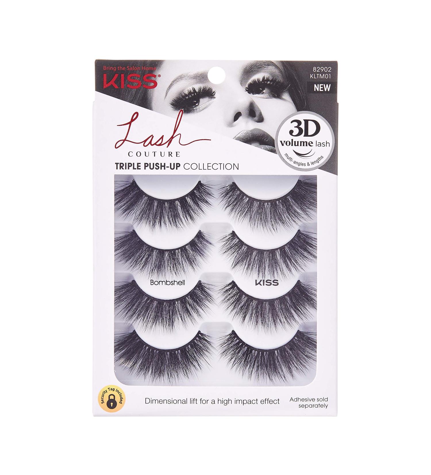 KISS Lash Couture Triple Push Up Collection Multipack, 3D Volume False Eyelashes with Triple Design Technology, Multi-Angles & Lengths, Contact Lens Friendly, Reusable, Style Bombshell, 4 Pairs