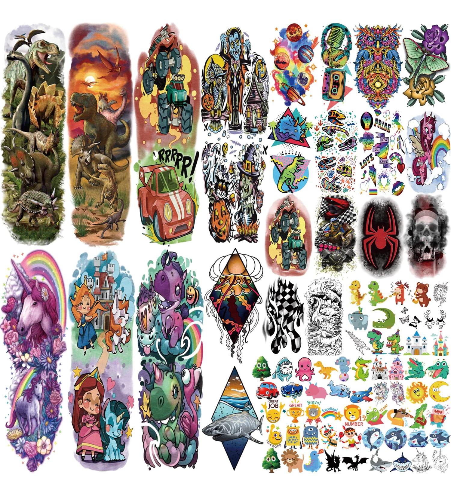 52 Sheets Kids Full Arm Temporary Tattoo Set - Realistic Fake Tattoos for Boys and Girls - Dinosaur, Unicorn, Shark, Butterfly Designs - Buy Online on GoSupps.com
