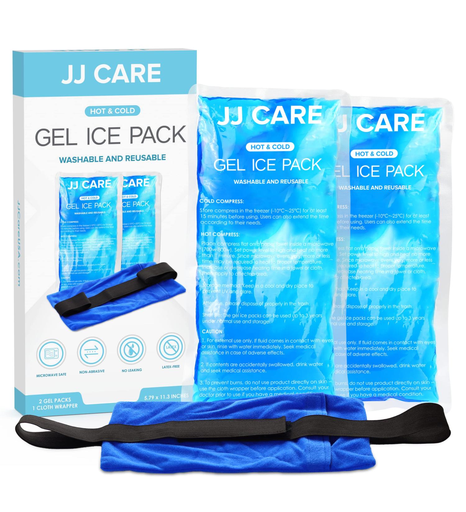 JJ CARE Gel Ice Packs - Pack of 2 Reusable Hot & Cold Compress for Pain Relief - Flexible Therapy for Injuries on Knee, Back, Neck, Wrist & Ankle - Buy Online on GoSupps.com