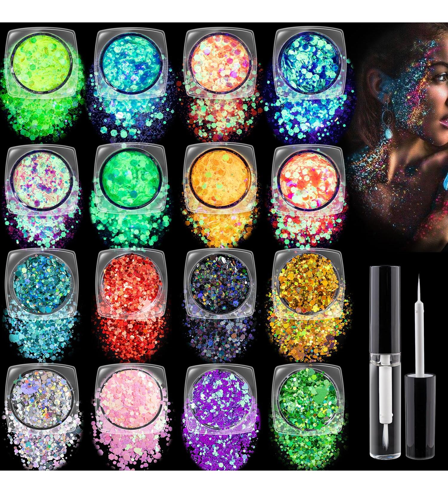 Chunky Glitter & Glow in the Dark Set 16 Colors Holographic Body Glitter for Makeup Face Body Nail & Hair Perfect for Concerts Festivals & Raves - Buy Online on GoSupps.com