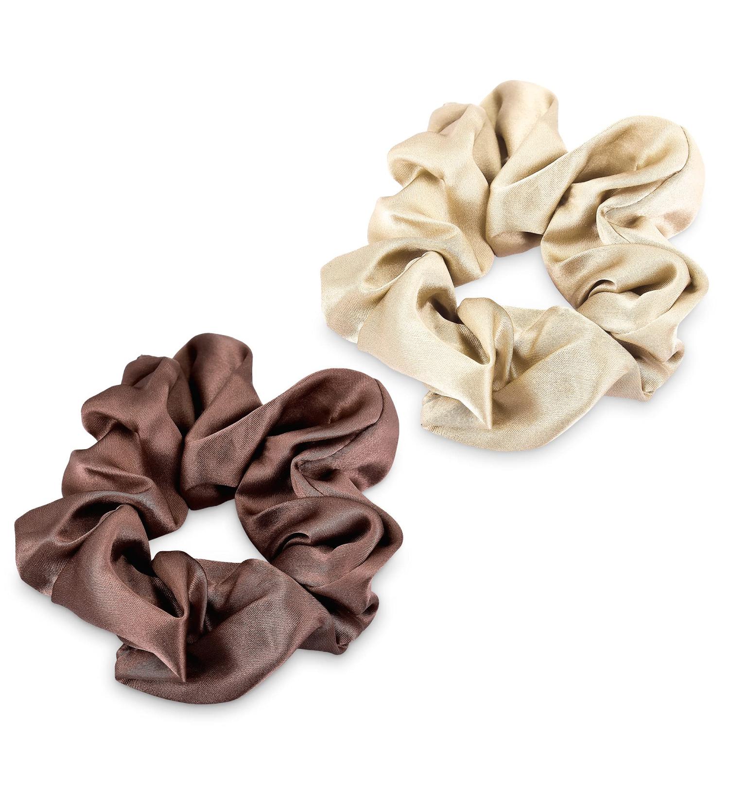 Navaris 2 Pack Large Silk Scrunchies for Hair - Beige/Brown - Elastic Ponytail Holder Set for Women and Girls - Buy Online on GoSupps.com