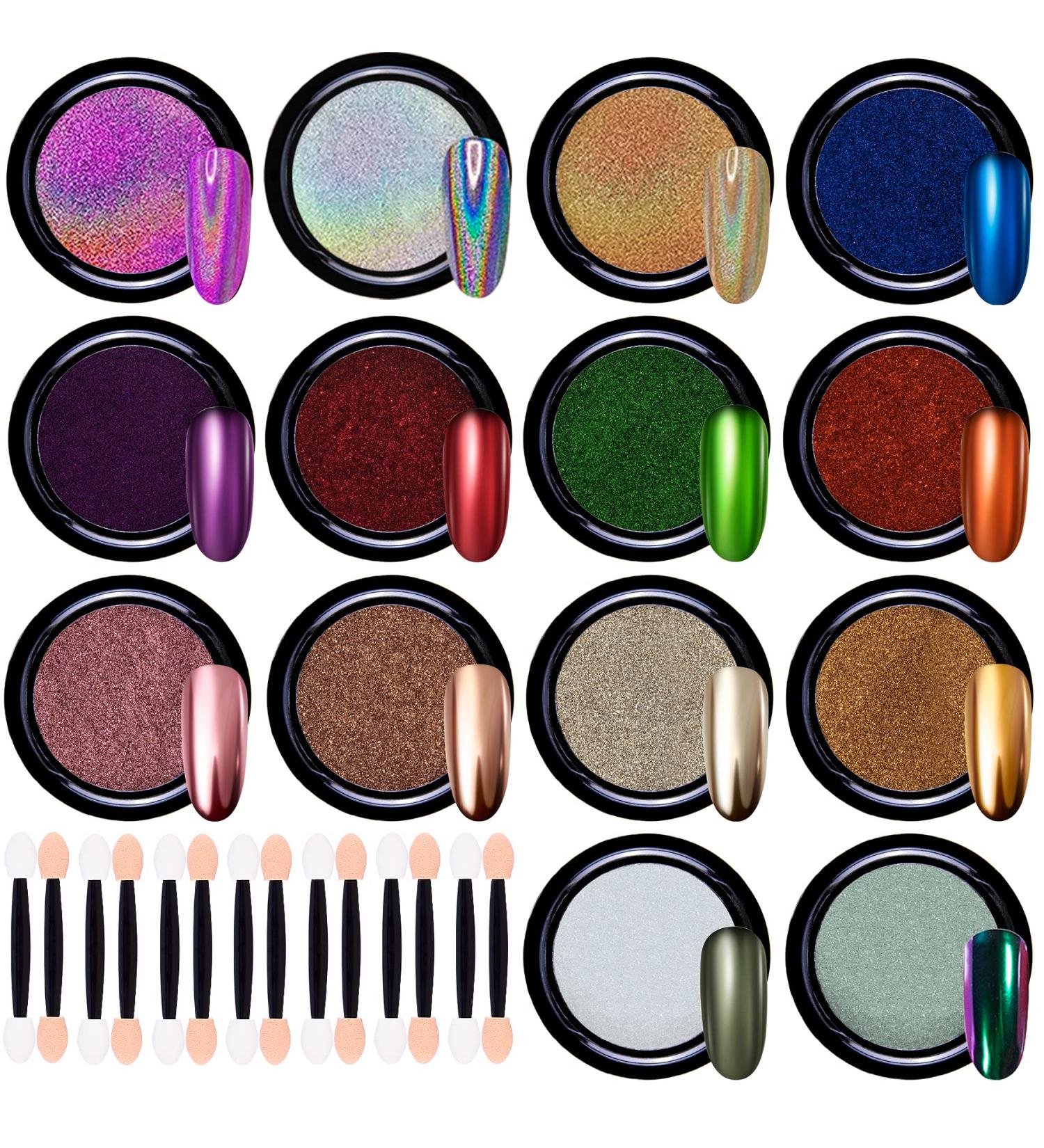 Duufin 14 Colors Chrome & Holographic Nail Powder Set with 14 Eyeshadow Pins - Aurora & Chameleon Effects for Stunning Nail Art - Buy Online on GoSupps.com