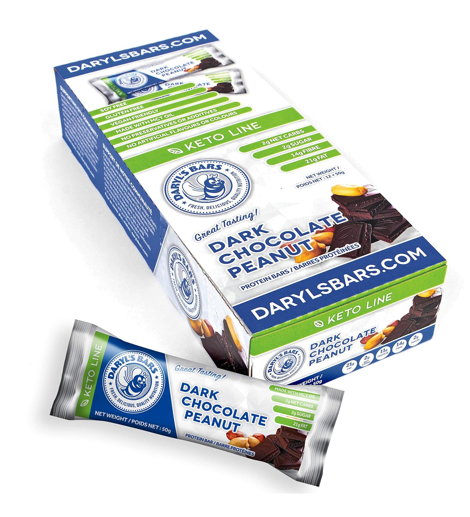 Daryl's Keto Line Dark Chocolate Peanut Gluten Free Vegan Friendly Nutrition Bars (12 Bars)