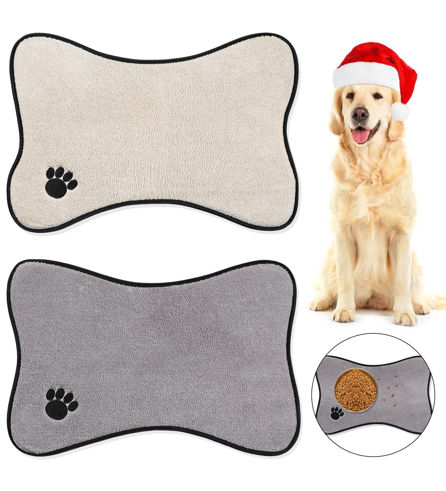 Bone Shape Dog Mat Set - Non-Slip Microfiber Pet Feeding Mats for Bowls - Water Absorbent & Embroidered - 2 Colors Available - Buy Online on GoSupps.com