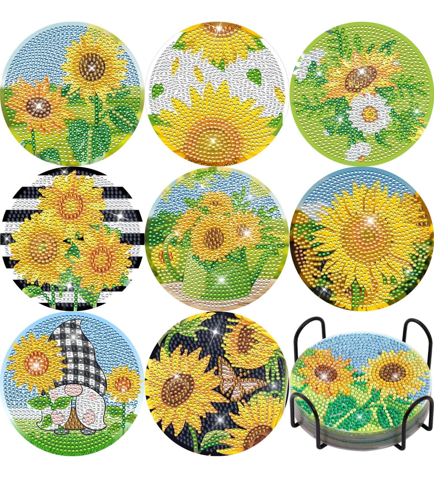 Sunflower Diamond Painting Coasters Set - 5D DIY Full Drill Art with Holder | 8 PCS Acrylic Round Cup Coaster for Home Decor and Crafts - Buy Online on GoSupps.com