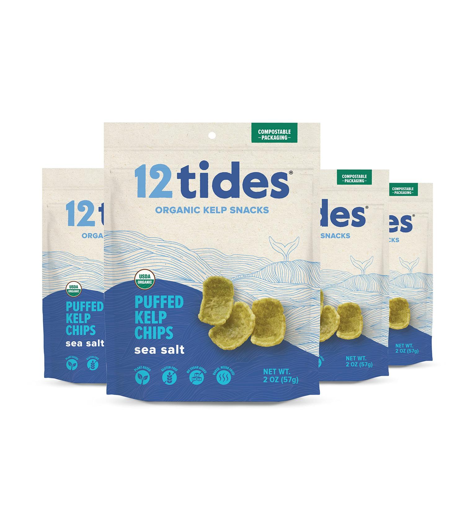 12 Tides Organic Puffed Kelp Chips - Plant Based Seaweed Snack (4 Pack) | Non-GMO, Gluten-Free, No Added Sugar | Sea Salted Sea Vegetable Chips - Buy Online on GoSupps.com