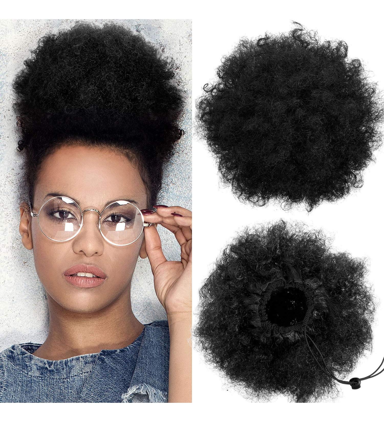 WILLBOND 2 Pieces Afro Puff Drawstring Ponytail Synthetic Short Curly Hair Extensions in Black-1b - Buy Online on GoSupps.com