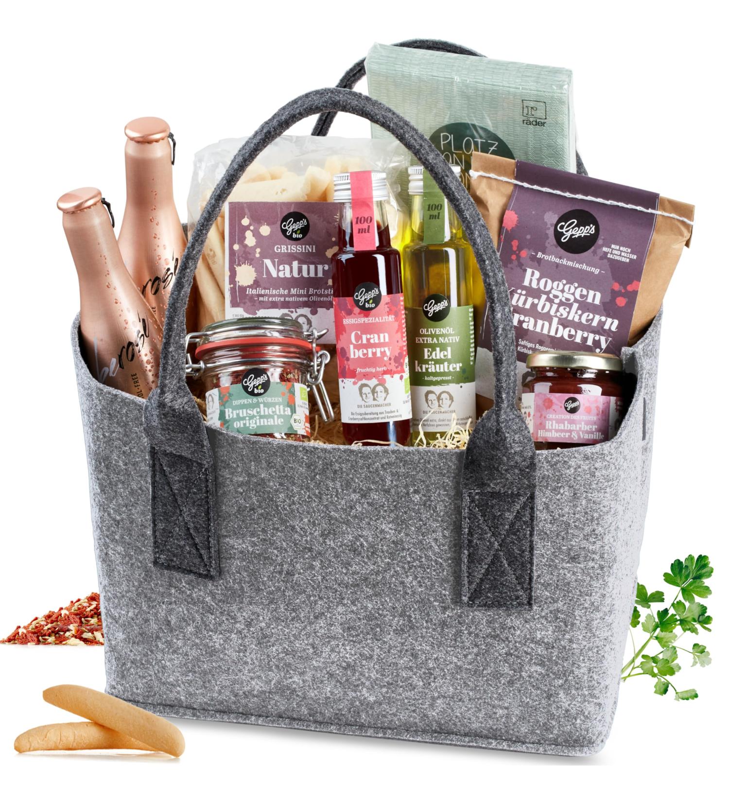Gepp's Delicatessen Gift Set - Filz Bag Picnic Gift Basket with Bread Mix Bruschetta Grissini Dip & Delicacies - Perfect Gray Picnic Companion - Buy Online on GoSupps.com