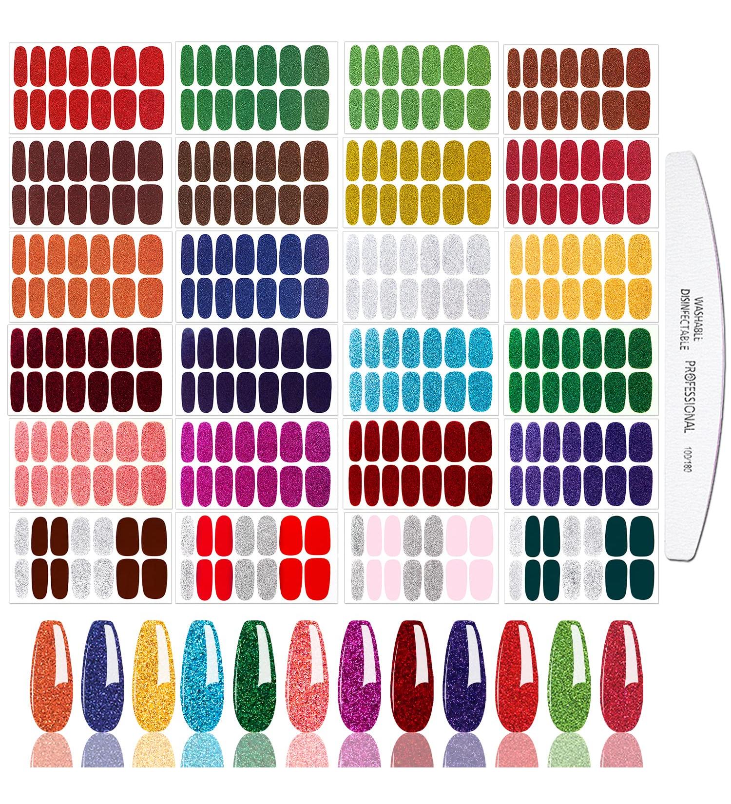 JERCLITY Glitter Solid Nail Polish Strips - 24 Sheets with Nail File | Self-Adhesive Stick On Stickers for Women & Girls - Buy Online on GoSupps.com